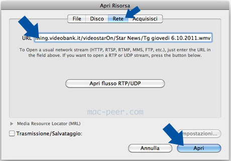 VLC Apri rete. Streaming video sul Mac