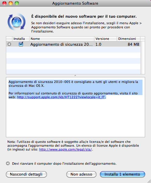 Aggiornamento sicurezza 2010-005 Snow Leopard 10.6.4